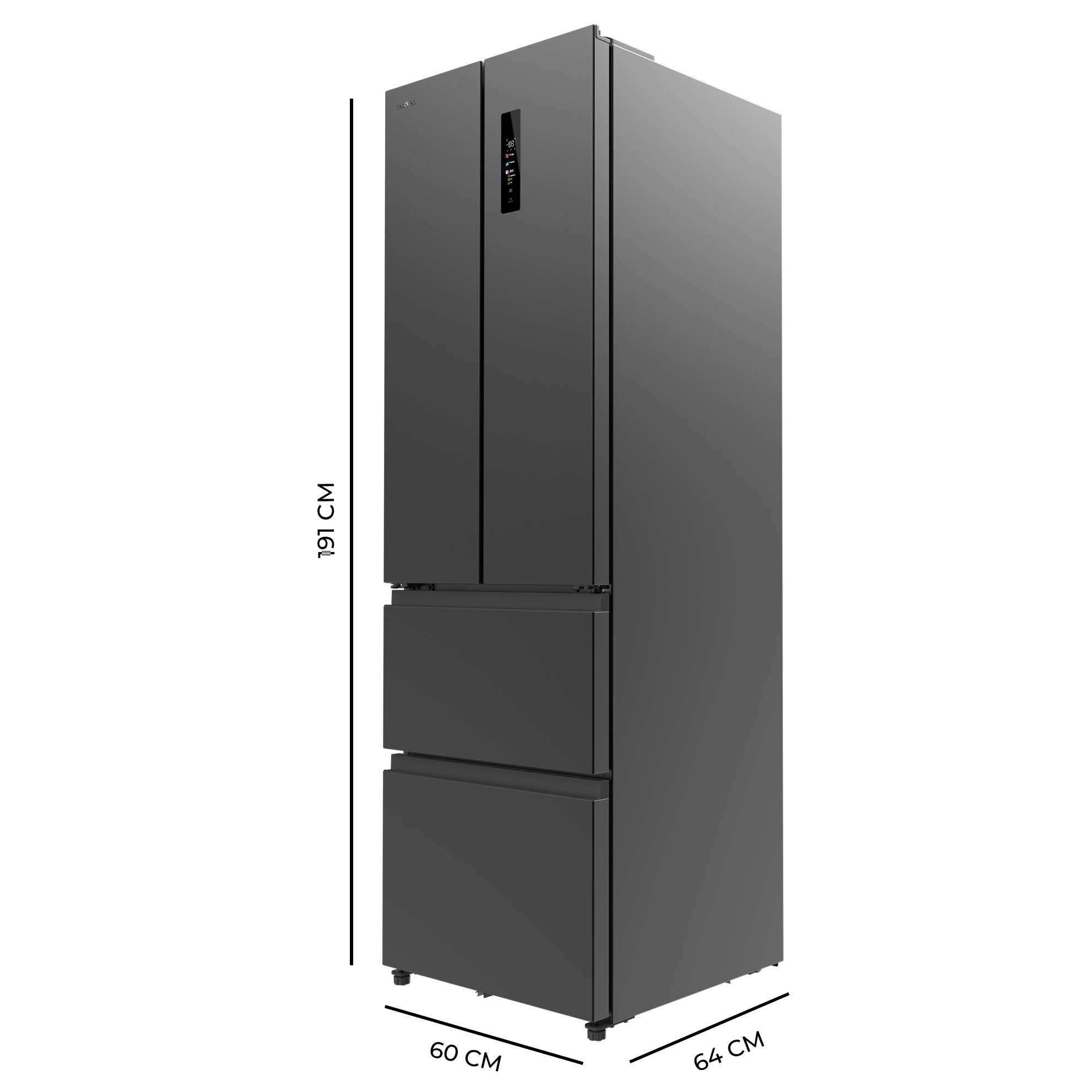 Cecotec Refrigerateur Congelateur 4 Portes Française Bolero CoolMarket Combi F2D 400 Dark E. Réfrigérateur 400L, inox foncé, NoFrost, MultiAirFlow, Inverter, mode ECO, bacs fruits et alarmes