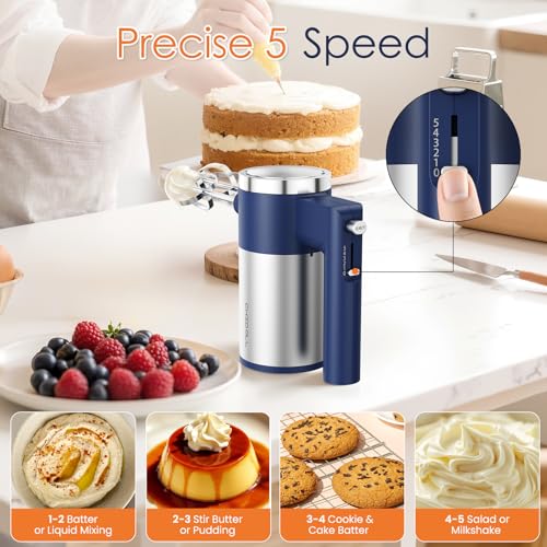 Powerful 600W Hand Mixer, 5-Speed Electric Hand Held Mixer for Baking, Lightweight Stainless Steel Hand Beaters *2 & Dough Hooks*2 with Eject Button, Kitchen Mixer for Cream, Cookies, Dough-Blue - Thumbnail 3