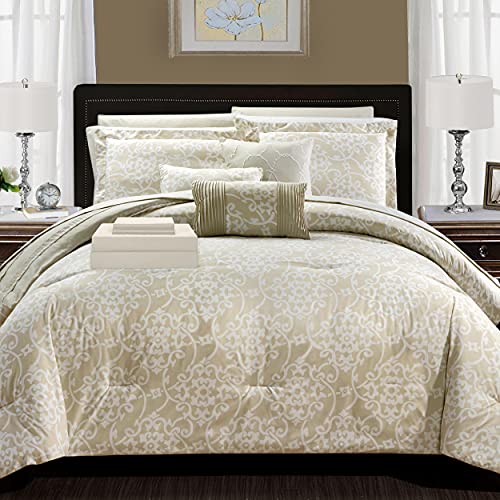 Chic Home Lea 10 Piece Reversible Comforter Bag Ruffled Pinch Pleat Motif Pattern Print Complete Bedding Set-Sheets Decorative Pillows Shams Included, Queen, Beige #TOP26