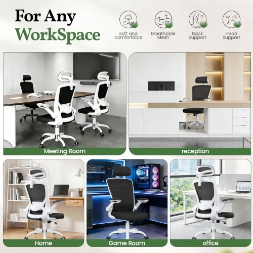Image of Ergonomic Office Chair, Computer Desk Chairs with Adjustable Lumbar Support | Breathable Mesh Office Chair with Filp-Up Arms, Swivel Desk Chair Comfy for Home Office, Prolonged Sitting, High Back, White