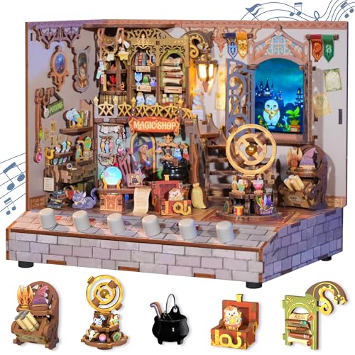 Image of Tonecheer DIY Miniature House Kit, Wooden Dollhouse Kit with White Noise,Tiny Diorama House Building Set with Electronic Screen Craft Kits Make for Aduls (Magic Shop)