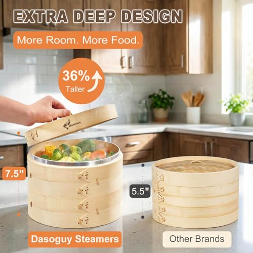 Deep Bamboo Steamer & 5.5QT Stainless Steel Steamer Pot Set, 10-Inch 3-Tier by Dasoguy - Used condition - Image 3