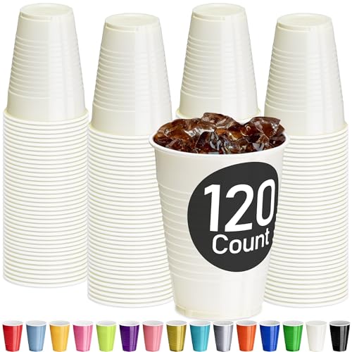 DecorRack Ivory Plastic Cups, 12 oz Disposable Cups, Reusable Party Supplies (120 Count)