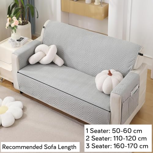 Image of HOKIPO 2 Seater Quilted Sofa Cover with Pockets, Light Grey (NEW1-802-LGRY)