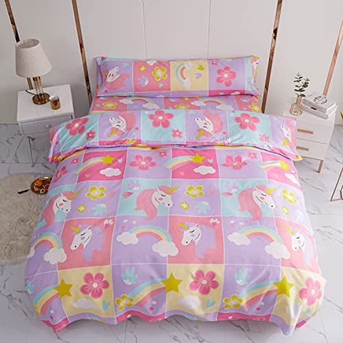 Juego de Funda Nórdica Infantil Divertido para Cama de 90cm con 3 Piezas - 1 Sábanas Bajera Ajustable, 1 Funda Nórdica 150x220cm y 1 Funda de Almohada Larga de 45x110cm. Modelo Unicornio