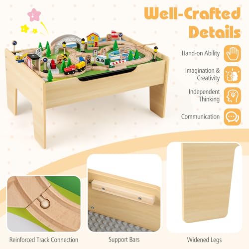 costzon train table 5 in 1 kids activity wooden set w 78 pieces railway playset reversible map top blackboard building bricks station amp large storage space toddler sensory table for 3 years