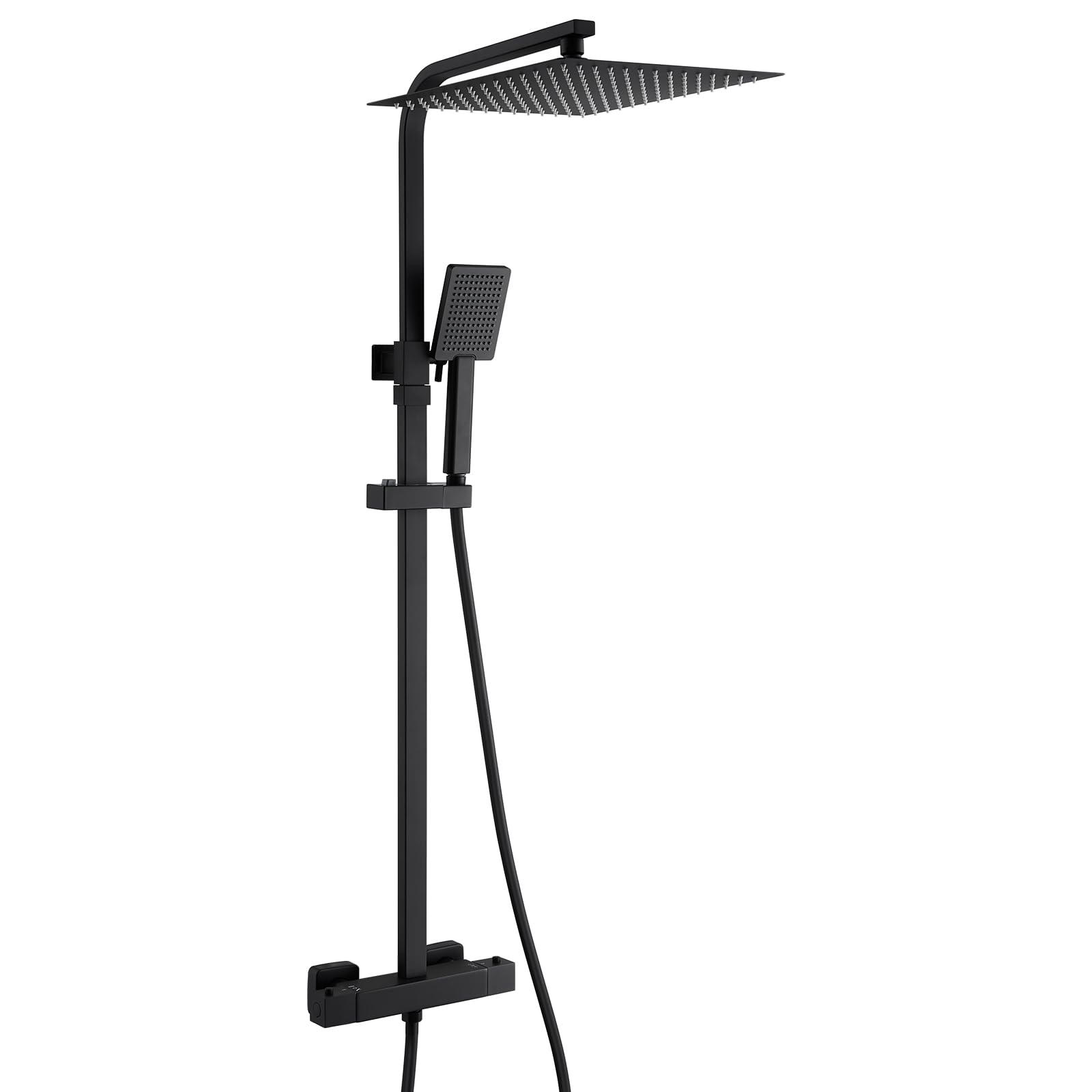Auralum Colonna Doccia con Miscelatore Termostatico, Miscelatore Doccia Esterno Ottone, Colonna Doccia Nera con 30x30cm Soffione Doccia e Doccetta, Asta Saliscendi Doccia Altezza Regolabile 80-124cm