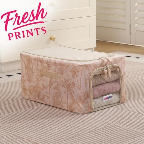 Image of HOKIPO Folding Storage Box and Organiser for Clothes, 600D Oxford Fabric Storage Box, Beige Botanica - Medium Pack of 2 (AR-6488-BGE*2)