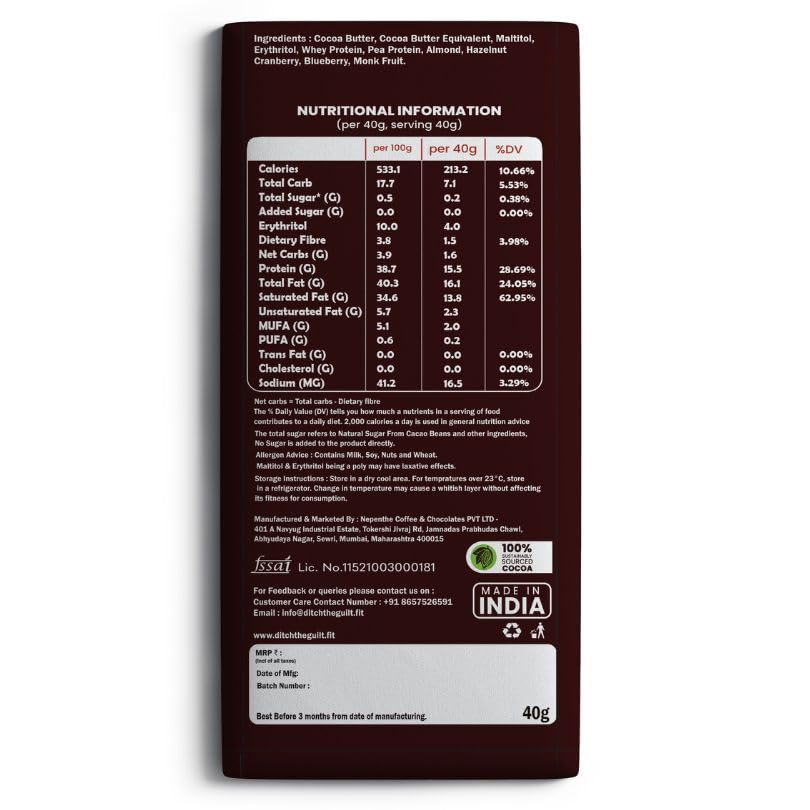 Image of Ditch the guilt - Master Piece - Sugar Free Dark Chocolate - 15g Protein - 1g Natural Sugar - 1.3g Carbs - 40g
