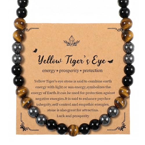 DOPENSPI Beaded Mens Necklace 20.8 Inch Mens Tiger Eye Stone Hematite Black Lava Beaded Necklace Mens Charm Mens Jewellery Gifts for Birthday Christmas Fathers Day