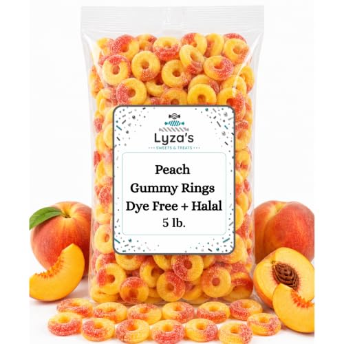 5 LB Peach Gummy Rings - Dye Free & HALAL Certified Gummy Candies - One Bulk Bag
