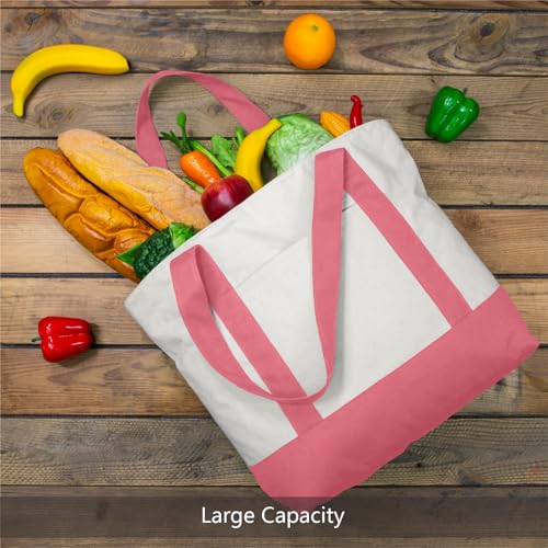 Image of TOPDesign 6-Pack Canvas Tote Bags with an External Pocket, Reusable Grocery Shopping Bags, Top Zipper Closure, Daily Essentials (Rose Pink /Natural)