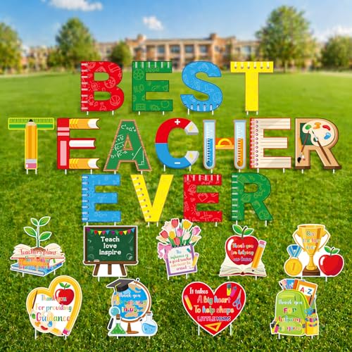 Roowest 24 Pack Teacher Appreciation Yard Signs with 48 Stakes Best Teacher Ever Yard Signs for Teachers Day First & Last Day of School Decor