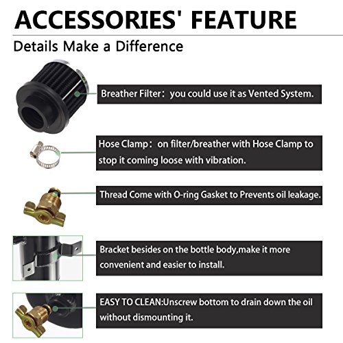 Universal 750ML 10AN Aluminum Baffled Oil Catch Can Breather Can With Drain Valve W/Filter 2 Ports Oil Coolant Fuel Overflow Tank Black