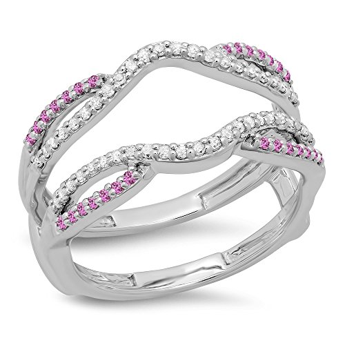 10K Solid Gold Round White Diamond & Pink Sapphire Womens Wedding Band Split Shank Enhancer Guard Double Ring