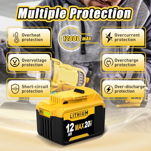 Image of DCB200 12000mAh 20V Replacement for Dewalt 20V Battery Compatible with Dewalt 20V Max Battery 2 Pack Lithium DCB205 DCB203 DCB207 DCB201 DCB206 DCD /DCF /DCG Series Power Tools (6)