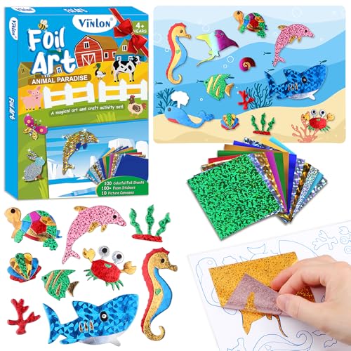 Vinlon Foil Art Kit for Kids - Foil Fun Arts and Crafts, Mess Free Kids Travel Activities Toys, DIY Craft Supplies, Easter Basket Stuffers Gifts for Boys and Girls Ages 4 5 6 7 8 9 10 Years Old