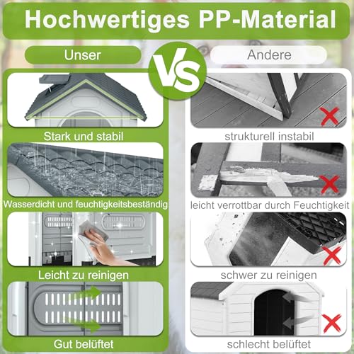UISEBRT Hundehütte aus Kunststoff, isoliertes Hundehaus mit Schiebedach, Oberlicht und erhöhtem Boden, Hundezwinger Hundekäfig Haustierhaus für Drinnen und Draußen, 79,5 x 70,5 x 78 cm