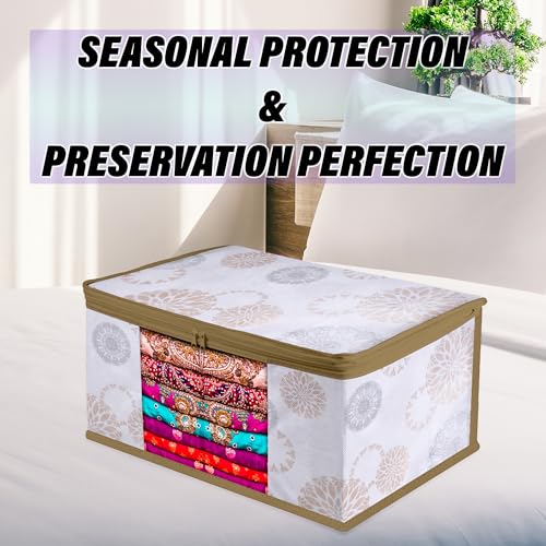 Image of Kuber Industries Set of 6 Saree Cover & Underbed Storage Bag Set | 3 Pieces Saree & 3 Pieces Underbed Storage Bag Combo Set | Visible Window & Handle Storage Bag | Gola-Print | White