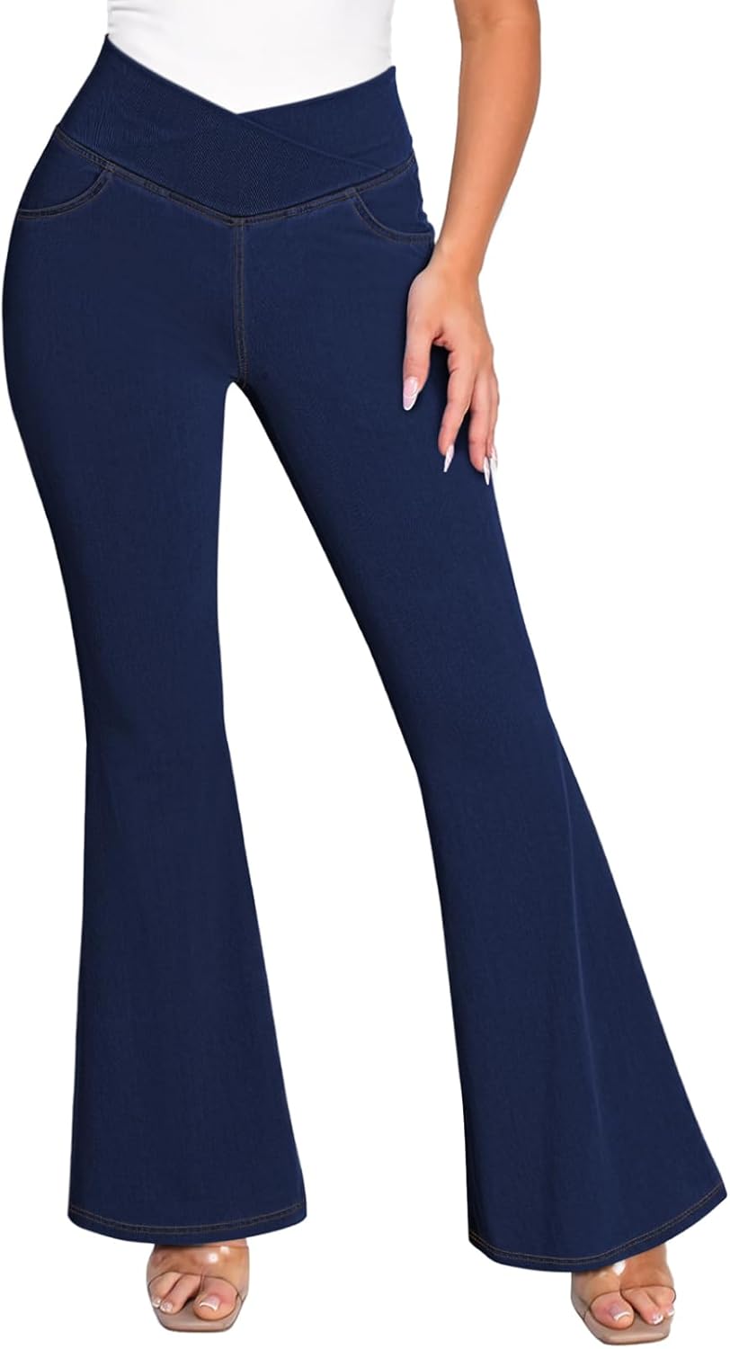 Pink Queen Bell Bottom Jeans for Women Crossover High Waisted Stretchy Denim Leggings Tummy Control Flare Pants with Pockets