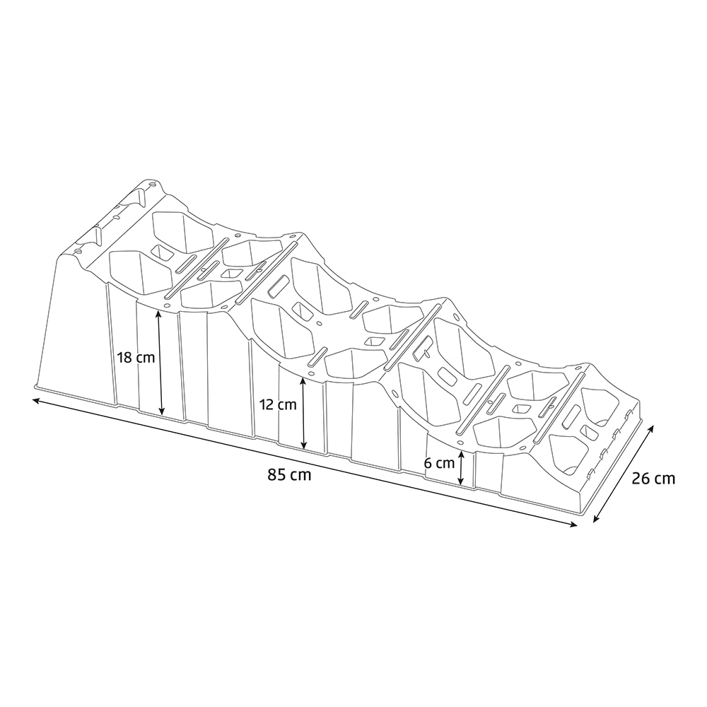 Campout XL Wohnwagenrampe – Rampen – 93 x 28,5 x 26,6 cm – Rampen – Radausgleich – 3 Höhen – extra Grip – Leichter Kunststoff – inklusive Tragetasche – Max. 5000 kg Tragkraft – 2 St – Schwarz