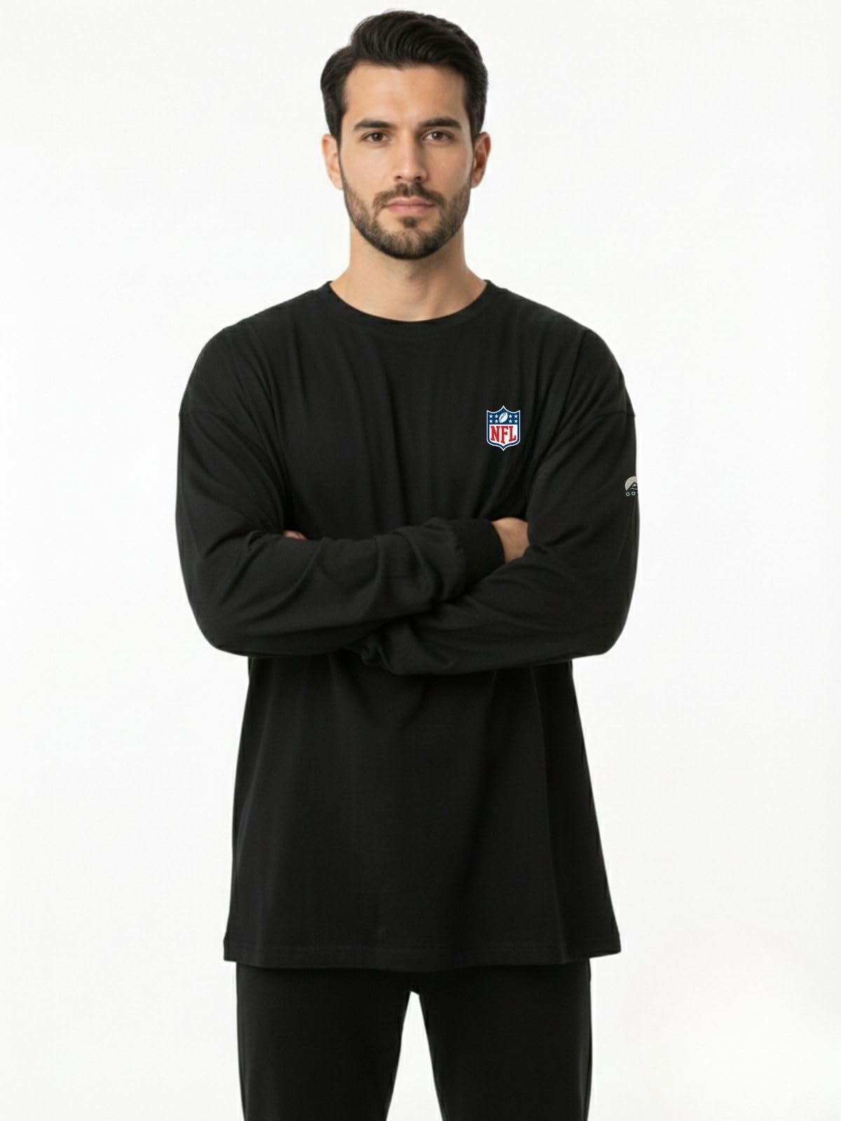 OOSC Mens NFL Long Sleeve Shield Black T-Shirt, Black, L EU