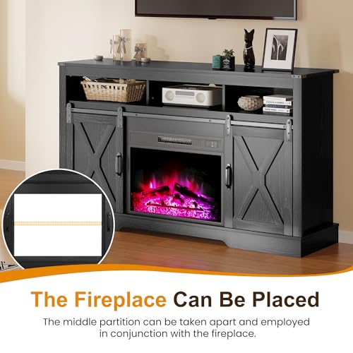 Image of RoyalCraft Farmhouse TV Stand with Sliding Barn Door for TVs up to 65+ Inch, 34 inch Tall Entertainment Center, Wood Media Console Storage Cabinet for Bedroom, Living Room, Black