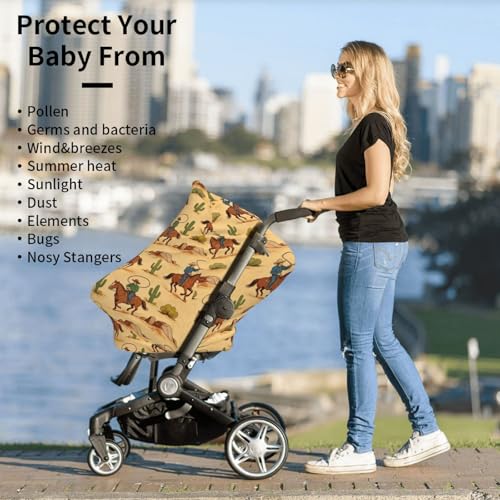 Image of Western Cowboy Cactus Baby Stuff Car Seat Cover for Baby,Mom Nursing Breastfeeding Covers,Multi-Use Car Seat Canopy Carrier Cover,Stroller Cover Newborn Shower Gift for Boys Girls