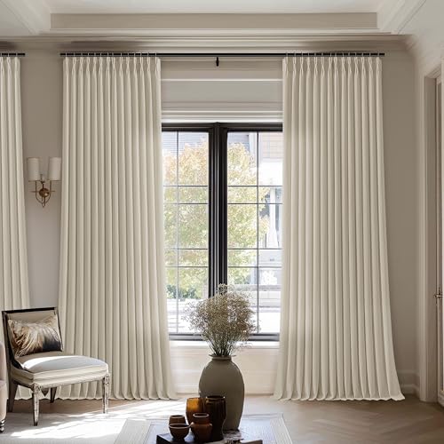Image of Extra Wide Oatmeal Pinch Pleat Semi Sheer Linen Curtain 70x120 Inch 1 Panel | Non See Through Privacy, Faux Textured, Hook Rings Memory Shape, Farmhouse Boho, 70 inch wide Floor To Ceiling 120 inch Long