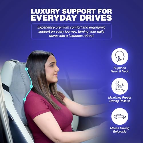 Image of WELLGIVER Orthopedic Memory Foam Car Neck Rest Pillow - Cervical Support Cushion for Neck Pain Relief, Adjustable Strap - Universal Fit for All Cars | Grey Velvet | Pack of 2