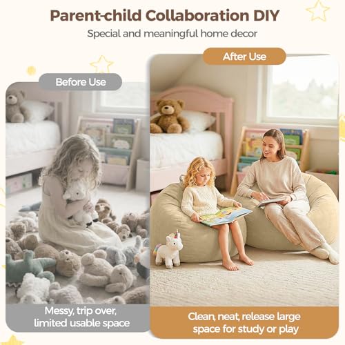 Image of Stuffed Animal Storage Bean Bag Chair Cover for Adults (No Filler), Soft Comfy Velvet Beanbag Chair Cover Machine Washable, Adults Bean Bag Chair with Handle for Living Room Bedroom, Camel