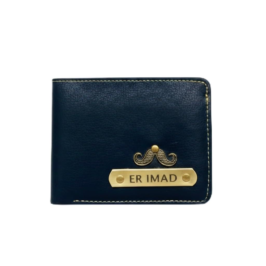 ENGRIVO WALA Personalized Leather Wallet with Custom Name, Brown Full-Grain Leather, Hand-Stitched with Crown Emblem, Slim Bifold Design, Holds 8+ Cards and Cash (Blue)