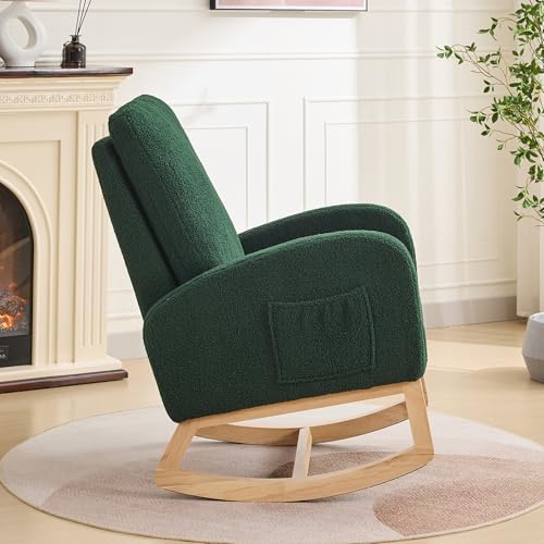 Image of Rocking Chair Nursery, Glider Rocking Accent Chair with Wood Legs, High Back Pocket Modern Upholstered Nursery Chair, Comfy Accent Rocker Armchair for Living Room Bedroom, Sherpa Green