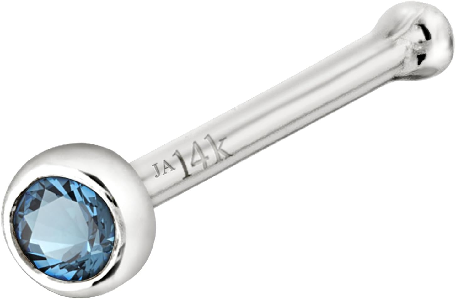 Solid 14K Gold Ball-end Stud Bezel Set Aquamarine 22G Nose Bone Nose Stud - 14K White Gold / 14K Yellow Gold March Birthstone Nose Ring Stud