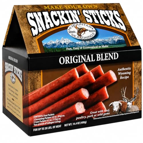 Hi Mountain Seasonings ǀ Snack Stick Seasoning Kit ǀ ORIGINAL BLEND ǀ Includes Seasoning, Cure, Casings, & Directions ǀ Seasons up to 20 lbs of Meat ǀ Beef, Pork, Venison, Deer, & Wild Game