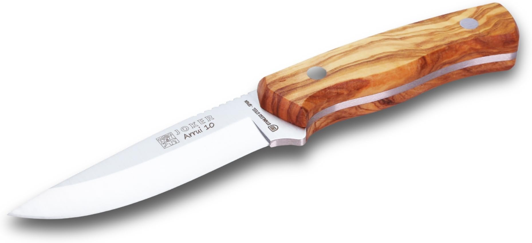 Joker Bushcraft Arrui Knife 10" CO60, Survival Knife with Blade 10 cm, Olive Wood Handle Belt Knife with Brown Leather Sheath Tool for Fishing, Hunting, Camping and Hiking