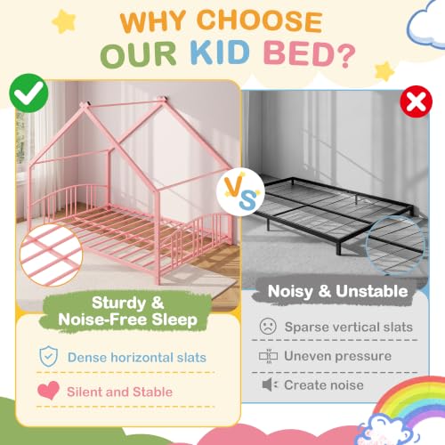 Image of Garvee Full Size Metal House Bed Frame for Kids, Pink