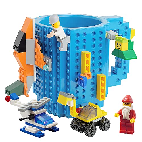 TMANGO Build-on Brick Mug with 3 Pack of Character Blocks, DIY Building Blocks Coffee Mug, Puzzle Cup for Creative Kids, Men or Women Xmas Birthday Gift (Blue)