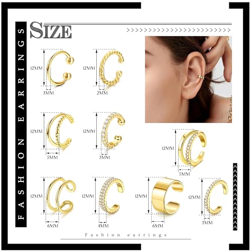 IRONBOX 9Pcs Ear Cuff Earrings for Women 14K Silver/Gold Ear Cuff Non Piercing Cartilage Clip Cuff Earrings Fake Earrings2
