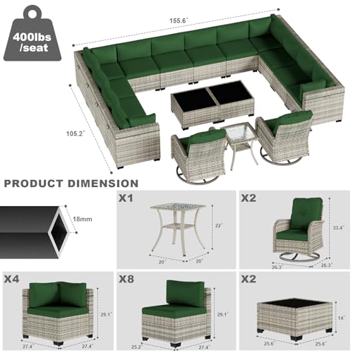 Image of Outdoor PE Wicker Rattan Modular Patio Sectional Sofa Set | 17-Piece: 12 Modular Seats, 2 Coffee Tables, 2 Swivel Rocking Chairs & Side Table, Dark Green