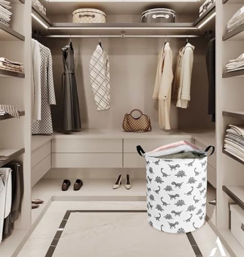 Image of Round Dinosaur Pattern Laundry Hamper Storage Basket Fabric Material Storage Hamper Organization Basket, Storage Bin, Gift Box with Handles for Room