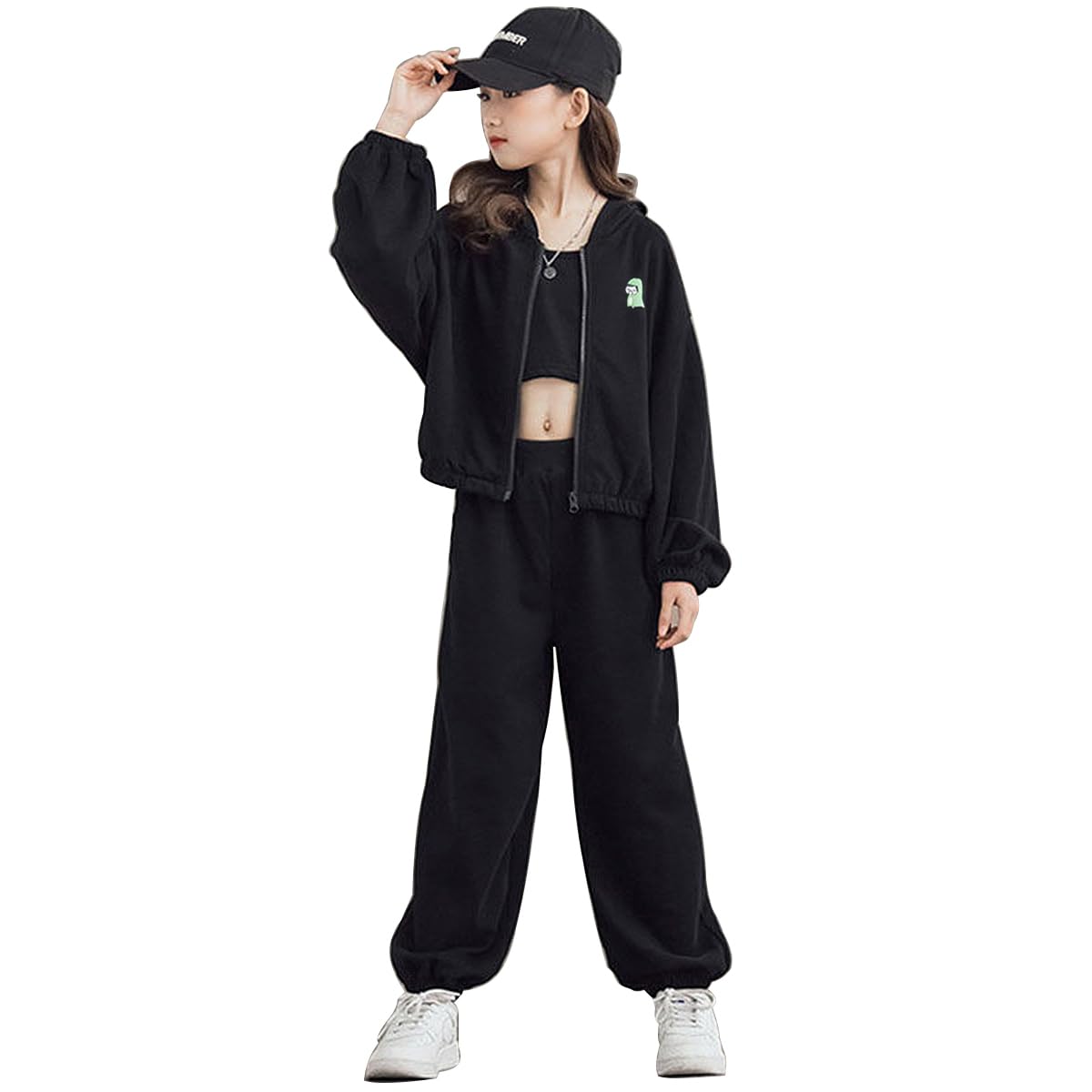 linboo Survêtement 3 pièces pour fille (veste de survêtement + pantalon de sport + haut court) - Tenue hip hop pour enfants et filles
