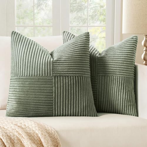 Image of MIULEE Light Olive Green Decorative Throw Pillow Covers 18x18 Inch for Couch Bed Sofa Pack of 2 Boho Farmhouse Throw Pillows Soft Cross Corduroy Patchwork Textured Cushion Cases