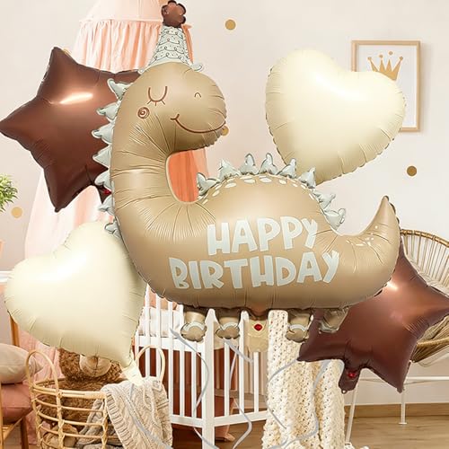 Image of 35''Nude Dinosaur Birthday Balloons &18''Brown Star Cream White Heart Foil Helium Balloon for Baby Shower Birthday Girl Boys Kids Dinosaur Theme Vintage Party Decorations Supplies 5Pcs