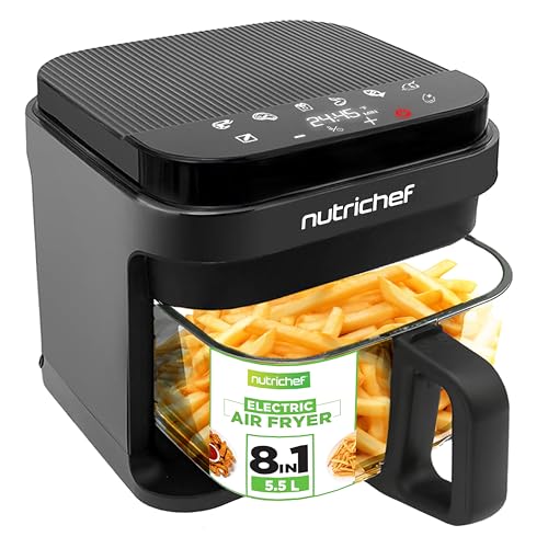 Nutrichef 5.5L Air Fryer with Glass Basket & Visible Cooking Window 8 in 1 Preset Cook Modes Oil Free Cooking Precise Temperature Control & Timer Easy Clean Dishwasher Safe Grey