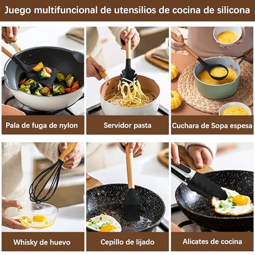 ustensiles de cuisine, Kitchen utensils set 11 pièces with wooden handle silicone, Black – Image 4