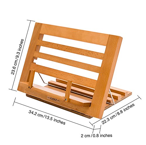 Exerz Wooden Reading Rest Cookbook Stand Recipe Holder Bookrest Table Easel – Premium/Adjustable/Foldable/Text Book Ipad Tablet Dictionary/Natural Wood Eco Friendly - 13.5" x 9.5" x 1"