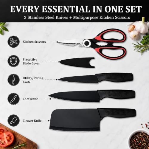 Image of SNMMIFER Kitchen Knife Set with Multipurpose Kitchen Scissors, 4 Pcs Black Stainless Steel Knife Set for Cutting, Chopping, Slicing & Food Preparation Knife Set (Knife + Scissor)