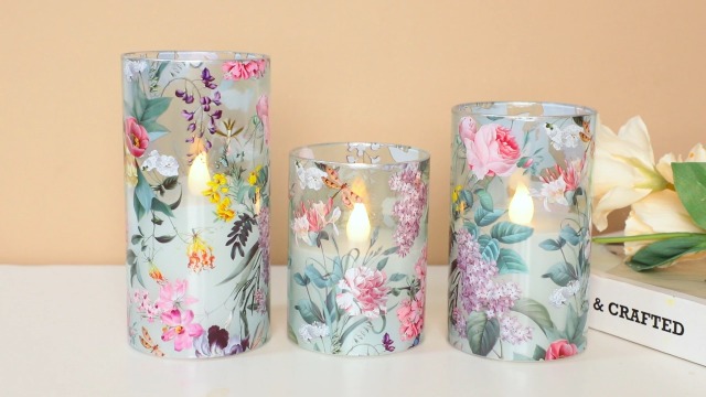 Image of Floral Flameless Candles with Remote Timer, Pink Rose and Lilac Pattern LED Glass Candles, Battery Operated for Home Party Wedding Christmas Spring Valentine's Day Decor, Set of 3