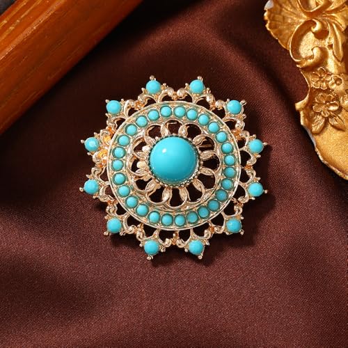 Image of Baroque Turquoise Bead Brooch Pin for Women Men Gold Tone Fashion Blue Birthstone Geometric Filigree Brooches Lapel Pins Dainty Dress Accessories Birthday Anniversary Jewelry Gift